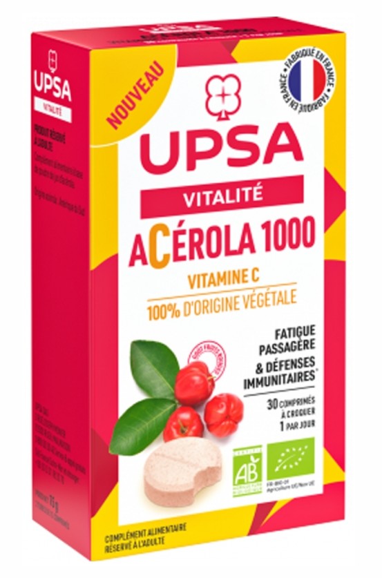 UPSA Acérola 1000 Vitamine C 100% Végétale Bio 30 Comprimés à Croquer